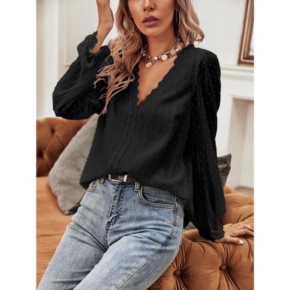 ❗️ boho v neck Swiss Dot Lace Panel long sleeve Blouse sheer sleeves white - Picture 4 of 8